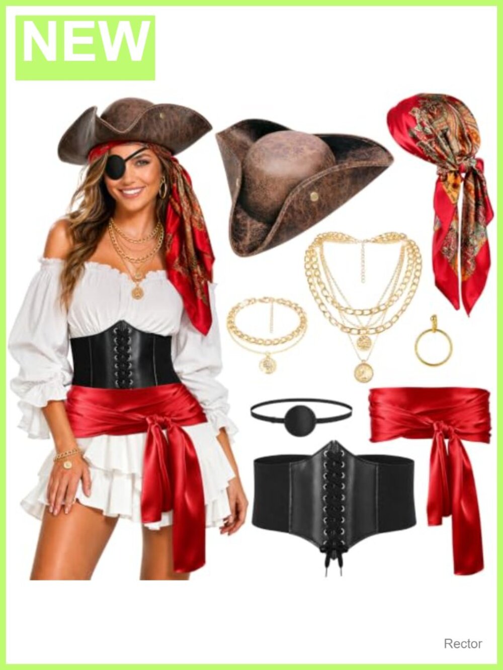 8 PC Pirate Costume Accessories Set Faux Leather Tricorn Hat Corset Sash Women